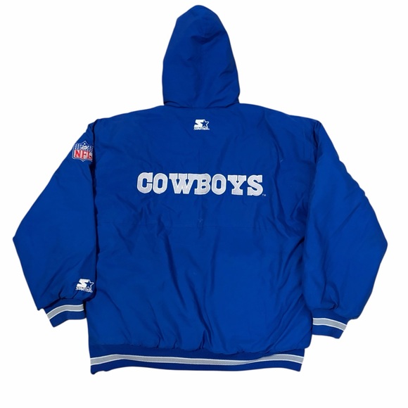 VTG Starter Dallas Cowboys Quilted Coat Mens Medium Nylon 90s Hooded Blue